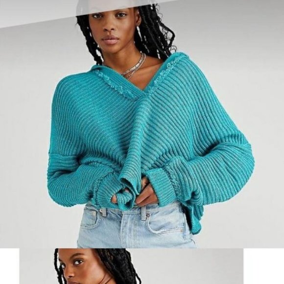 Free People size Large Marlie teal Chunky ribbed Oversized knit sweater - Picture 1 of 2